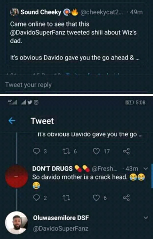 Davido reacts as wizkid fan says he mum was used for rituals by Davido's family 