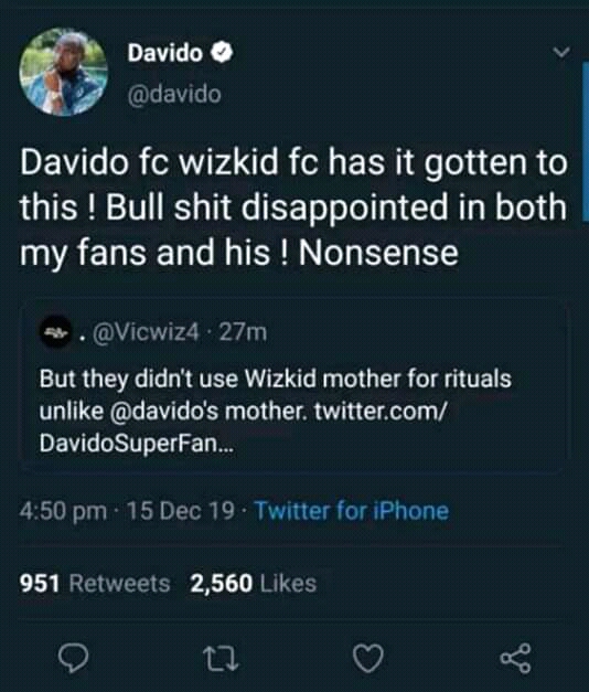 Davido reacts as wizkid fan says his mum was used for rituals by Davido's family 