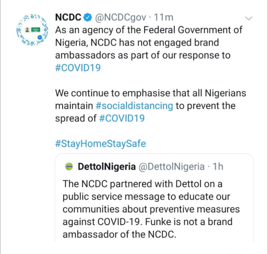 Ncdc and dettol reacts to Funke Akindele arrest