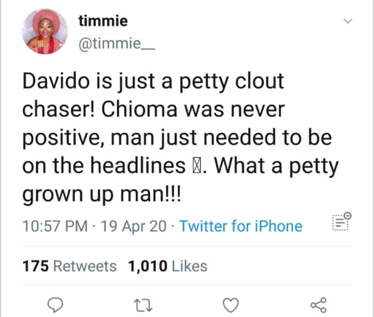 Davido lied about chioma covid-19 status, lady claims