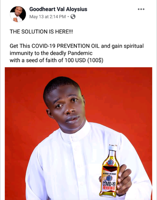 Nigerians react as pastor sells covid-19 prevention oil