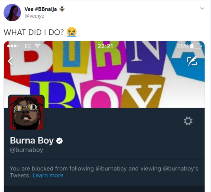 Burna Boy blocked Vee on Twitter 