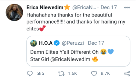 Peruzzi praises Erica's Fans 