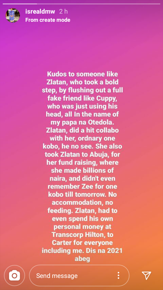 Davido logistic manager speaks about cuppy and Zlatan matter