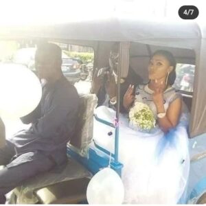 Couple arrive their wedding venue in keke in delta state 