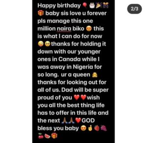 Bbnaija star, Cross, gifts his younger sister 1 million naira for her 30th birthday (Photos/Video)