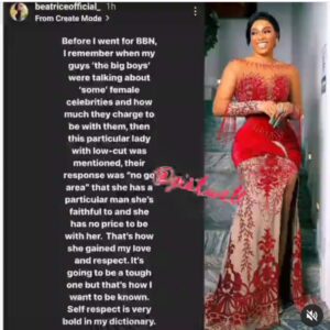 Bbnaija star, Beatrice Reveals What Some Big Boys Told Her About A Female Celebrity On Low Cut 