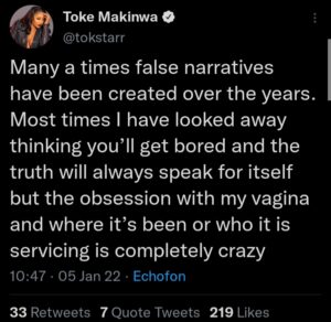Media personality, Toke Makinwa, has reacted to constant news on social media by gossip bloggers about the men she is romantically involved with. 