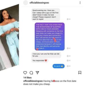 "Having S*x On The First Date Doesn't Make You Cheap "- Blessing Okoro Counsels Her Follower