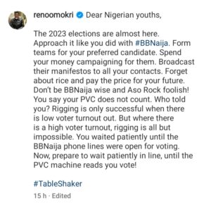 "Don't Be Bbnaija Wise & Election Foolish"- Reno Omokri Advices Nigerian Youths