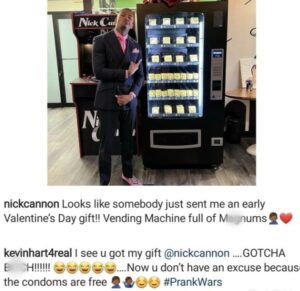 Actor Kevin Hart Sends A Vending Machine Filled With Condoms As Valentine Gift To Nick Cannon After News Of His Eight Child Went Viral 