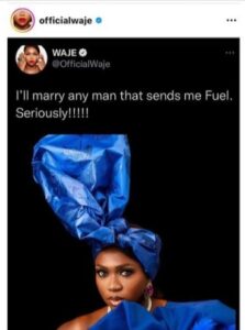 "I'm Ready To Marry Any Man That Will Send Me 100 Litres Of Fuel"- Singer, Waje Reveals Her Current Bride Price 