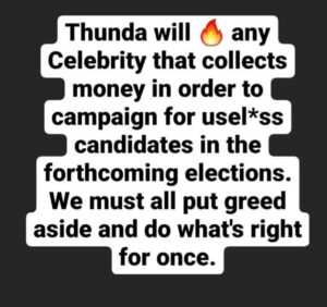 2023: Thunda will fire 🔥 any celebrity that collects money to campaign for usel3ss candidates- reality TV star Ifuennada