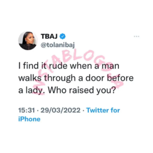“Who raised you?” - BBnaija’s Tolanibaj slams men who walk through a door before a lady