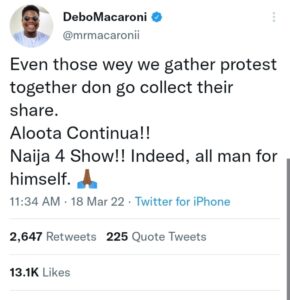 Some of my colleagues who joined #EndSars protest collected money behind us - Mr Macaroni alleges