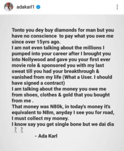 I brought you into nollywood, invested millions in your career, pay me my 8 million naira- Actress Ada Karl drags Tonto Dikeh 