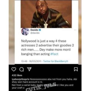 Coming from a serial baby daddy- Actress Iyabo Ojo reacts to Davido's tweet about nollywood Actresses 