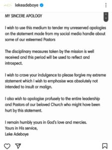 Leke Adeboye Bows To Pressure, Apologises To RCCG Pastors