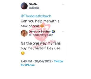 BBnaija’s Dorathy replies a follower who begged her for a new phone
