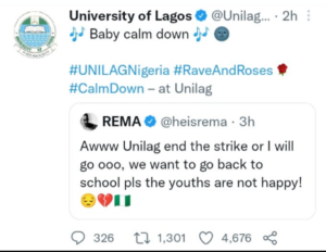 “Baby calm down” – UniLag replies to Rema after he complained about ASUU strike delaying him from resuming school