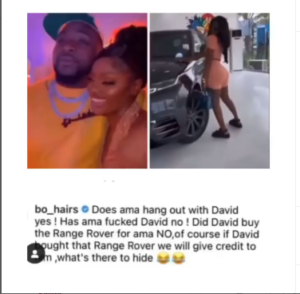 Davido neither bought Range Rover for Amarachi nor slept with her - Friend of Davido's alleged girlfriend defends her