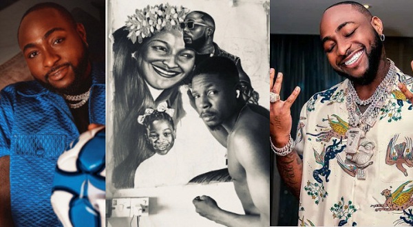Davido reaches out to talented artist making a beautiful portrait of him, his daughter and late mum