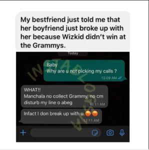 Die-hard fan of Wizkid breaks up with girlfriend just because the singer didn’t win Grammy