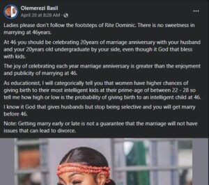 Don't follow Rita Dominic's footsteps. There is no sweetness in marrying at 46 – Man advises ladies