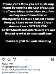 “I have never been a crossdresser, I am a skit maker” – James brown’s colleague, Tobi The creator announces following move to ban cross-dressing 