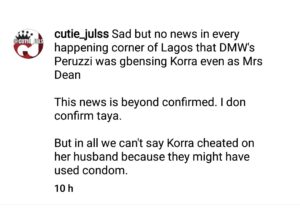 Nigerian singer, Peruzzi has been accused of sleeping with dancer, Korra Obidi while she was still married to Justin Dean.