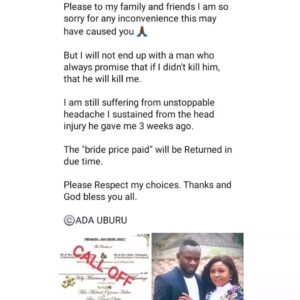 Nigerian Lady Calls Off Wedding After Fiancee Turned Her Into A Punch!ng Bag Fews Days To Wedding 