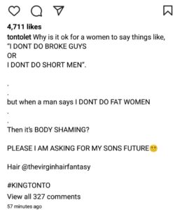 "Why Do Women Say They Can't Date Broke Men But Complain When Men Say They Can't Date Fat Women "- Actress Tonto Dikeh Queries 