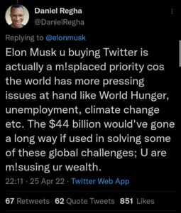 "You're M!susing Your Wealth"- Daniel Regha Tackles Elon Musk, As He Buys Twitter for $44 Billion