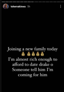 “I’m almost rich enough to date Drake; tell him I’m coming” – Media Personality, Toke Makinwa announces