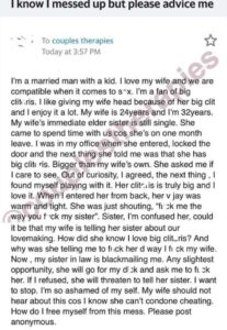 Married man cries out after he was blackmailed by his sister-in-law whom he slept with ‘out of curiosity’