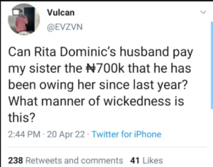 Man calls out Rita Dominic’s husband over alleged unpaid N700k debt