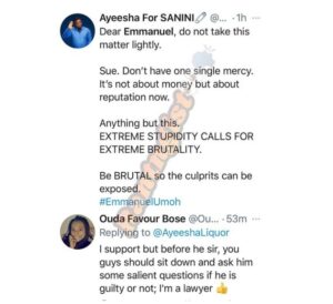 Fans of big brother naija ex-housemate, Emmanuel Umoh have requested he sues popular gossip blogger, Cutie Juls, after she revealed the reason Liquorose broke up with him.