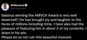 AMVCA2022. Mr Macaroni reacts after man claimed he deserved the ‘Best Content Creator’ award more than Sabinus