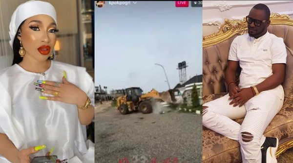 Actress, Tonto Dikeh mocks ex, Kpokpogri as he cries out in anguish over his demolished house (Video)
