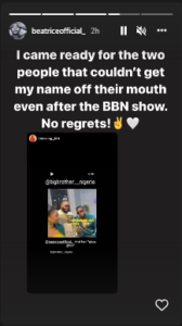 Bbnaija’s Beatrice Sends Strong Message To Two Housemates That Couldn't Get Her Name Off Their Mouth