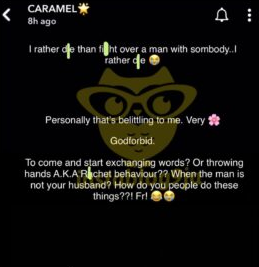 I’d rather d!e than f!ght over a man — Media Personality, Caramel Plugg declares