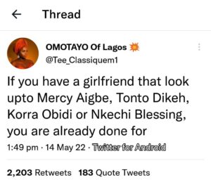 If you have a girlfriend whose role model is Mercy, Tonto, Korra or Nkechi, You're finished- Lady Says
