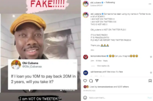 Someone has been using my name on Twitter to do a lot of SCAM!!! – Obi Cubana cries out