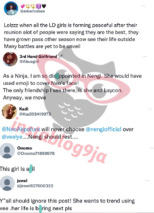 “This girl is evil” – Reactions as BBNaija’s Nengi crops out Dorathy and Vee from a picture, as she show off her favorite friends