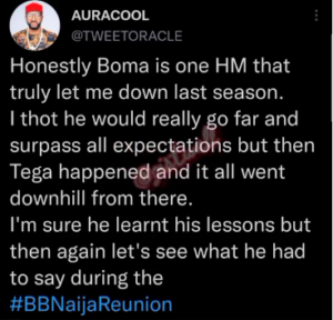 You would have gone far in life but Tega happened - Twitter user tells Boma