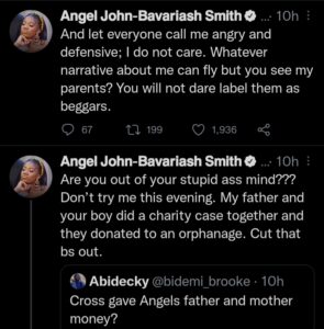 Bbnaija's Angel Smith Reacts As A Troll Calls Her Parents Beggers