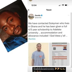 Davido Awards 5 Years Scholarship To Young Boy Who Had All A's In WAEC 