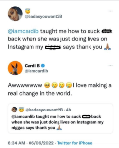 Rapper Cardi B Replies Female Fan Who Praised Her For Teaching Her How To Suck D**K