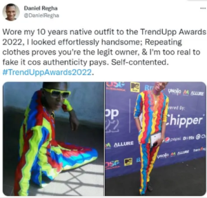 “Repeating Clothes Proves You’re The Legit Owner” – Twitter Personality, Daniel Regha Says As He Rocks His 10-Year-Old Native To An Award Show, Netizens reacts