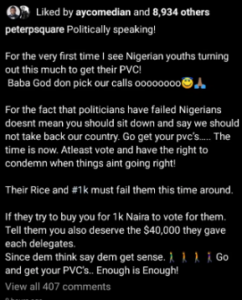 Their Rice And N1k Must Fail Them – Peter Okoye Shades Politicians Following Massive Turnout For PVC Registration